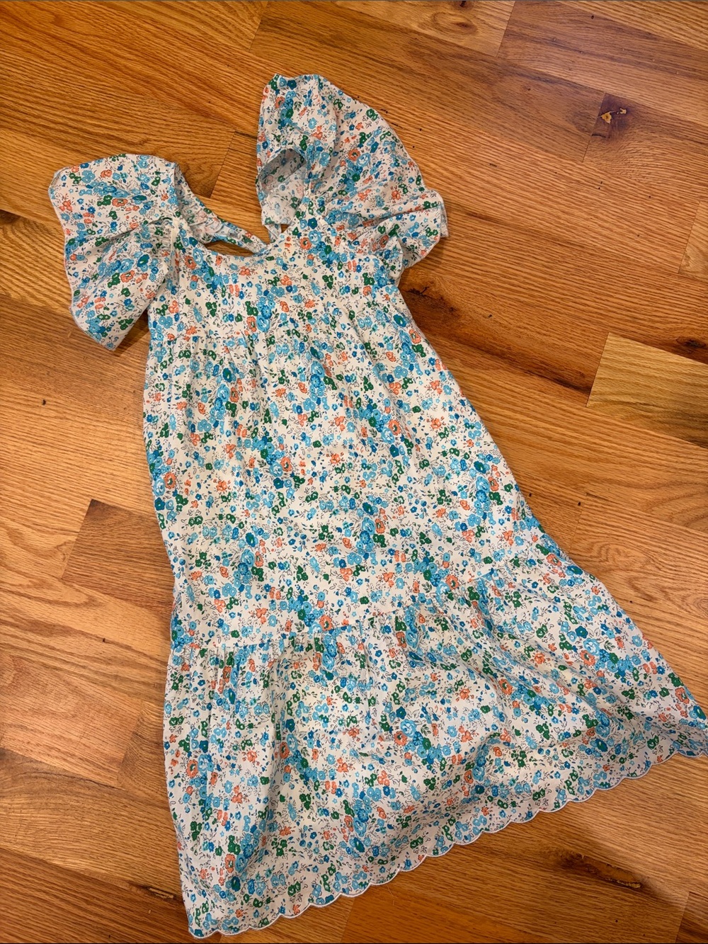 Girls Floral Puff-Sleeve Sundress - Blue & Orange Floral